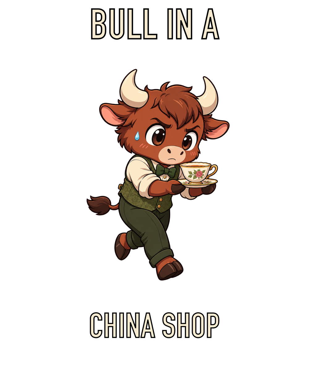 A worried little bull holding one floral teacup with both hands.