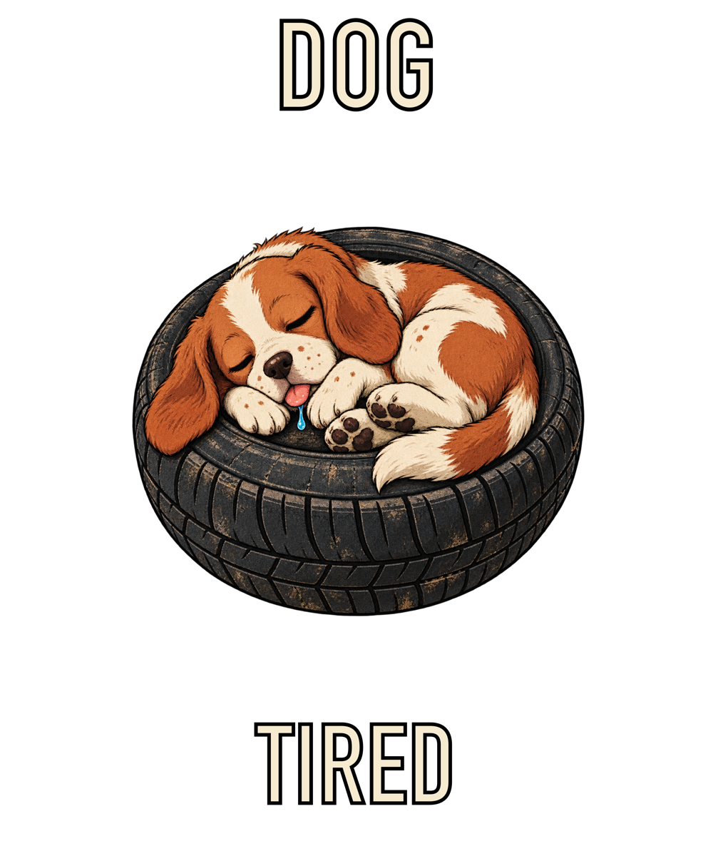 A sleepy brown-and-white dog curled up inside a tire.