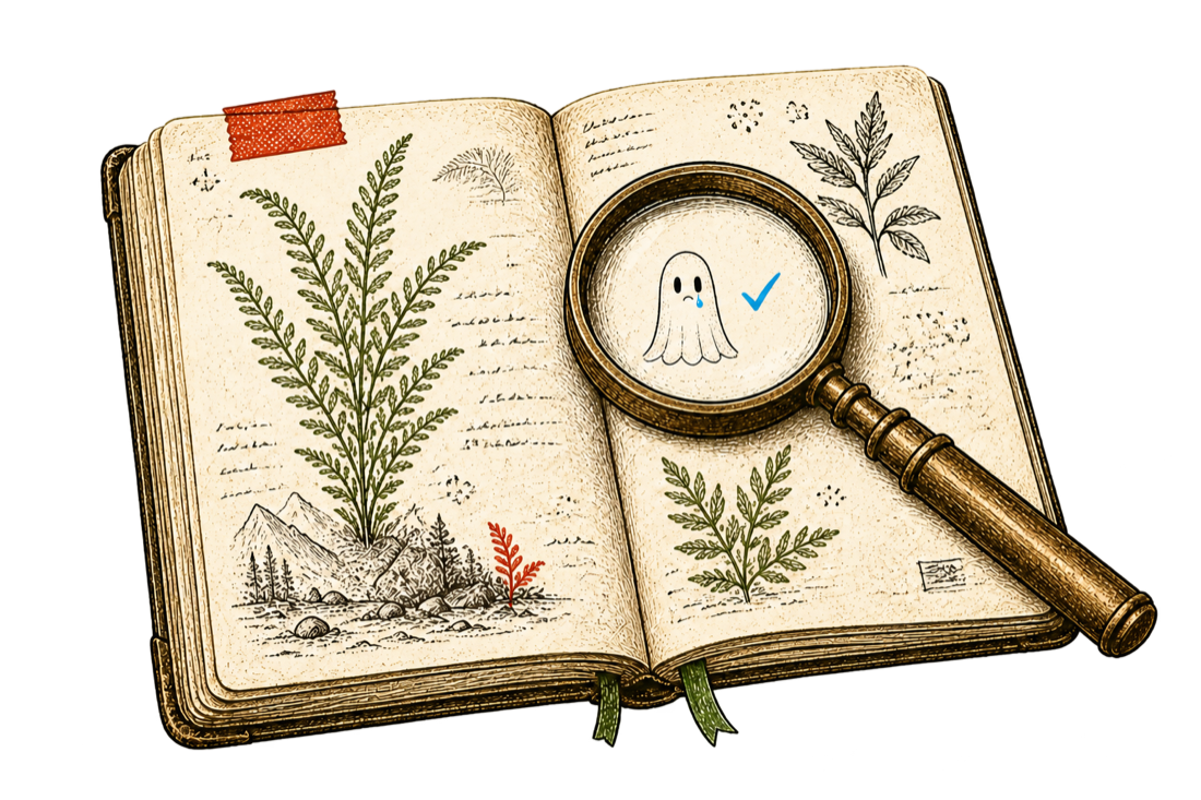 An open field notebook with a magnifying glass framing a tiny ghost.