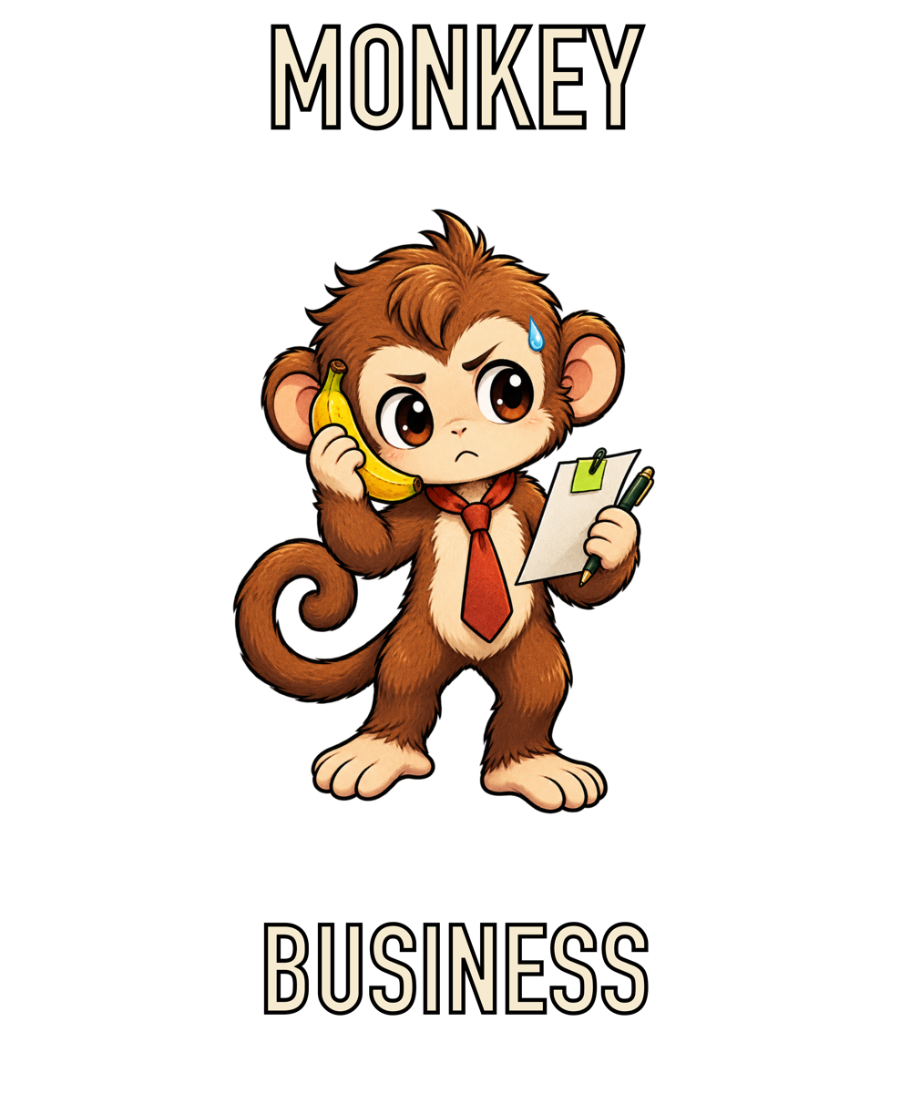 A serious little monkey answering a banana phone while taking notes.